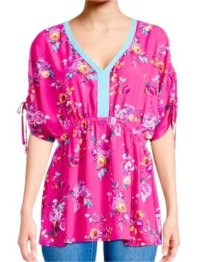 fuchsia floral vneck ruched sleeves dolman top with ties on sleeves, SMALL, NWT!